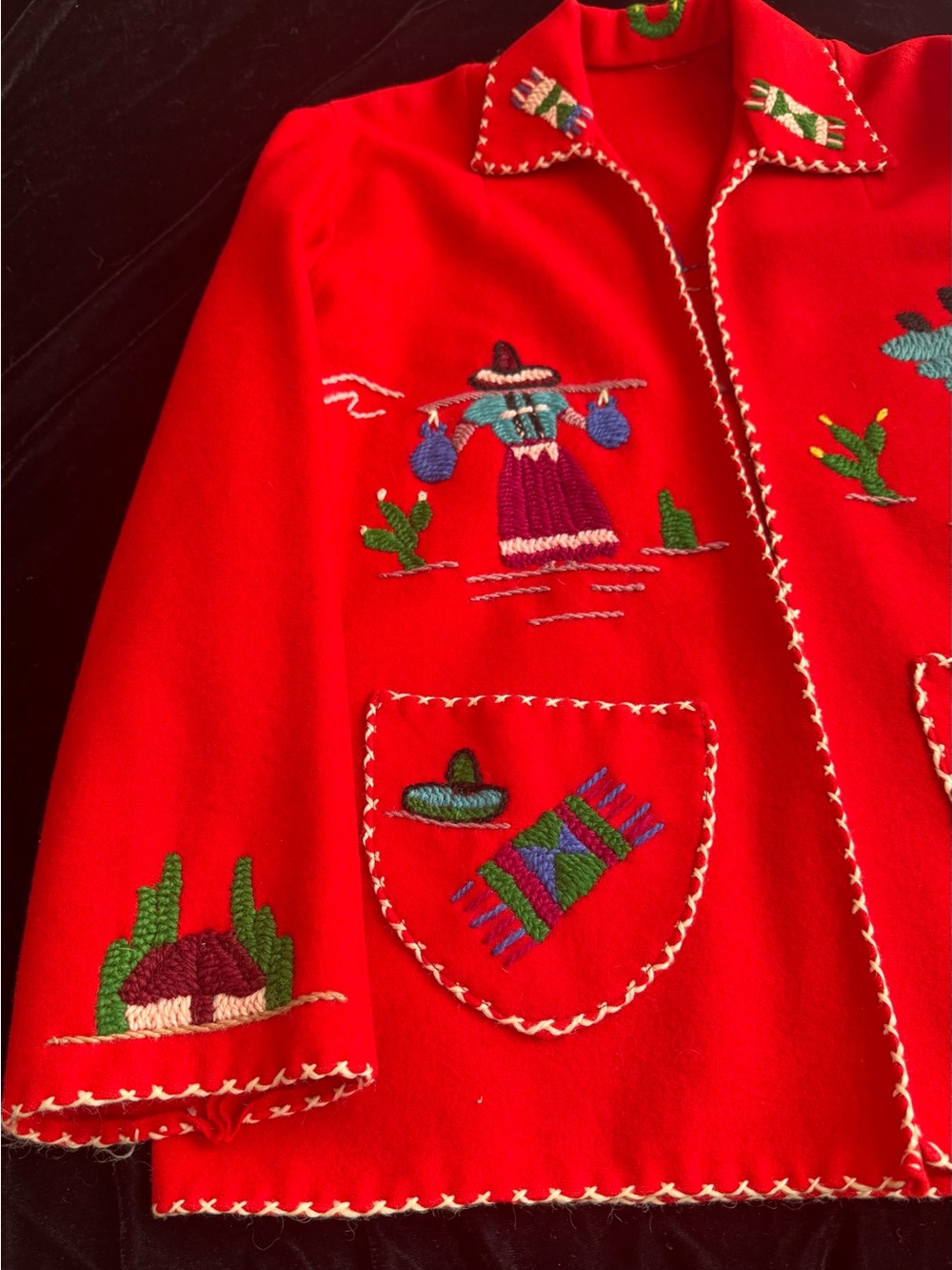 Beautiful Red Hand Embroidered Vintage 1950’s Mexican Tourist Jacket !